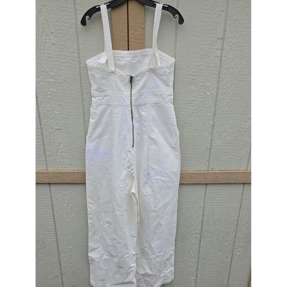 Free People Charlie Utility Jumpsuit White Denim Boho Work Garden Coastal Medium